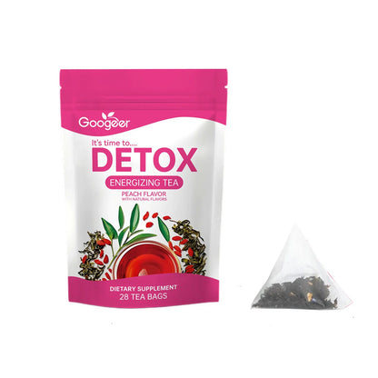 Googer Detox Energizing Tea package with dimensions on a white background