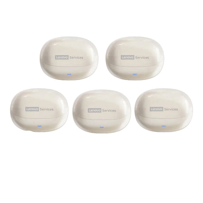 Six beige Lenovo devices with a Lenovo logo on a white background.