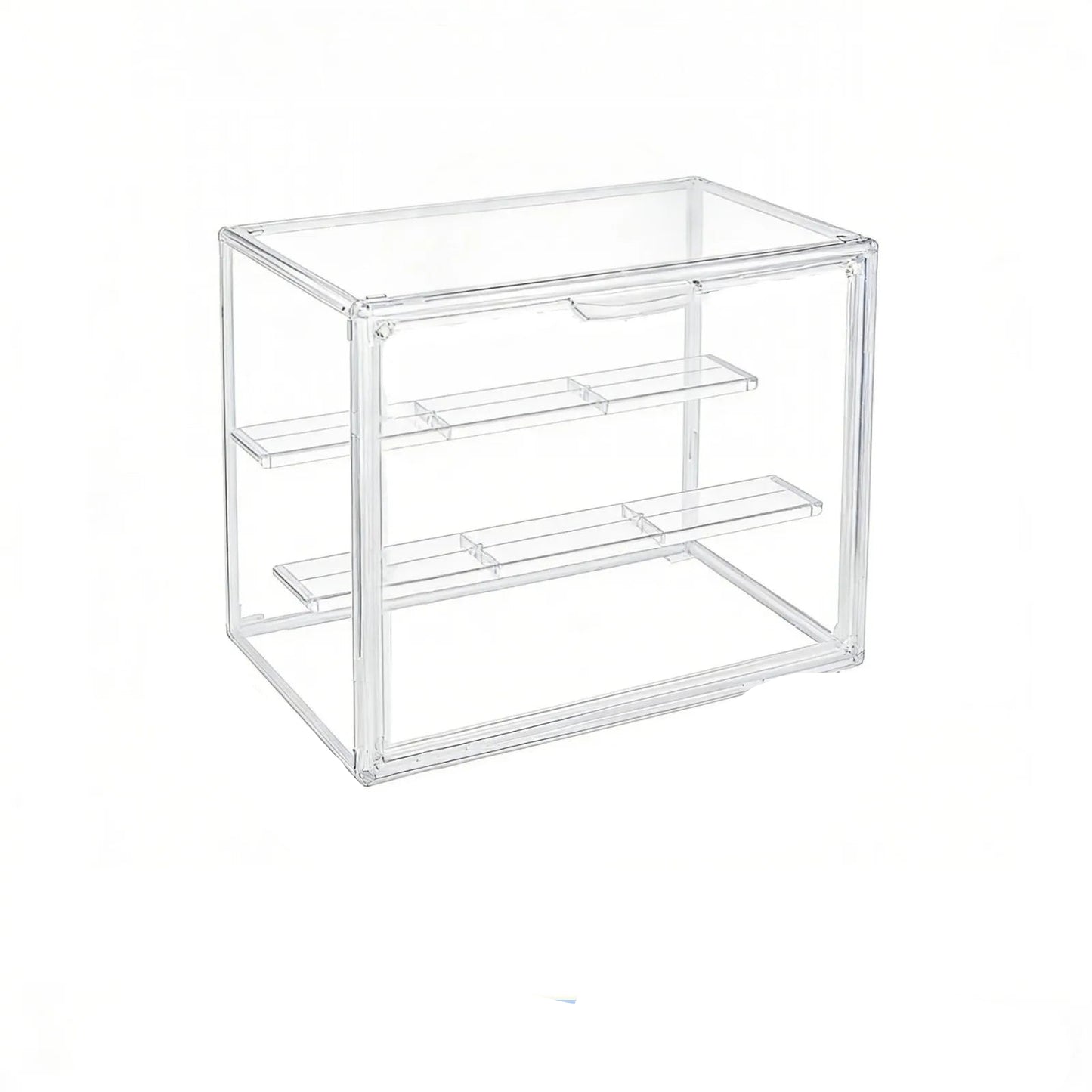 Clear acrylic storage box with dimensions and removable shelves indicated