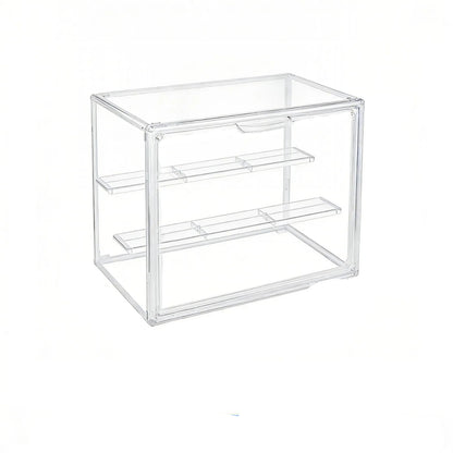Clear acrylic storage box with dimensions and removable shelves indicated