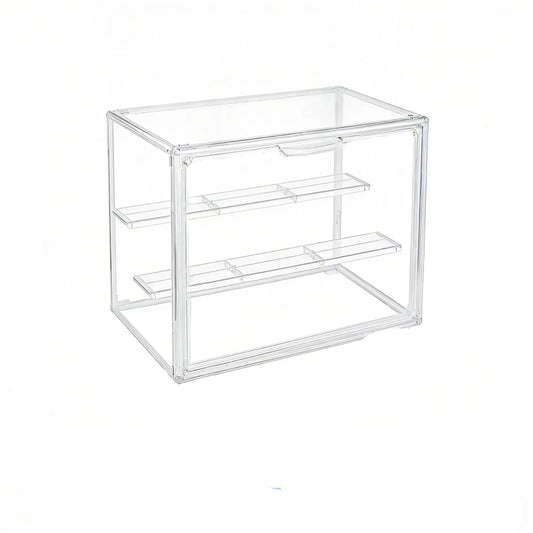 Clear acrylic storage box with dimensions and removable shelves indicated