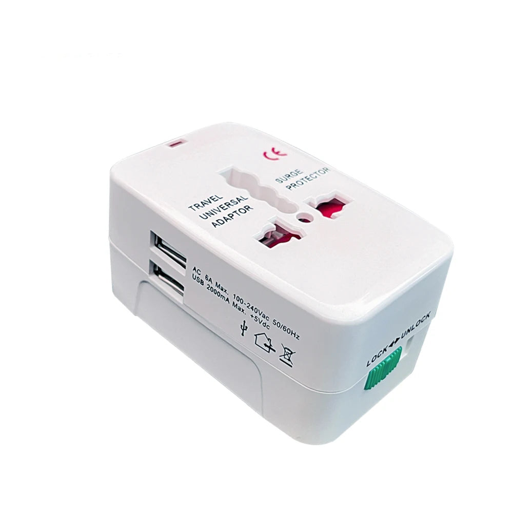 Wesa travel adapter with multiple plug sockets and USB ports on a white background