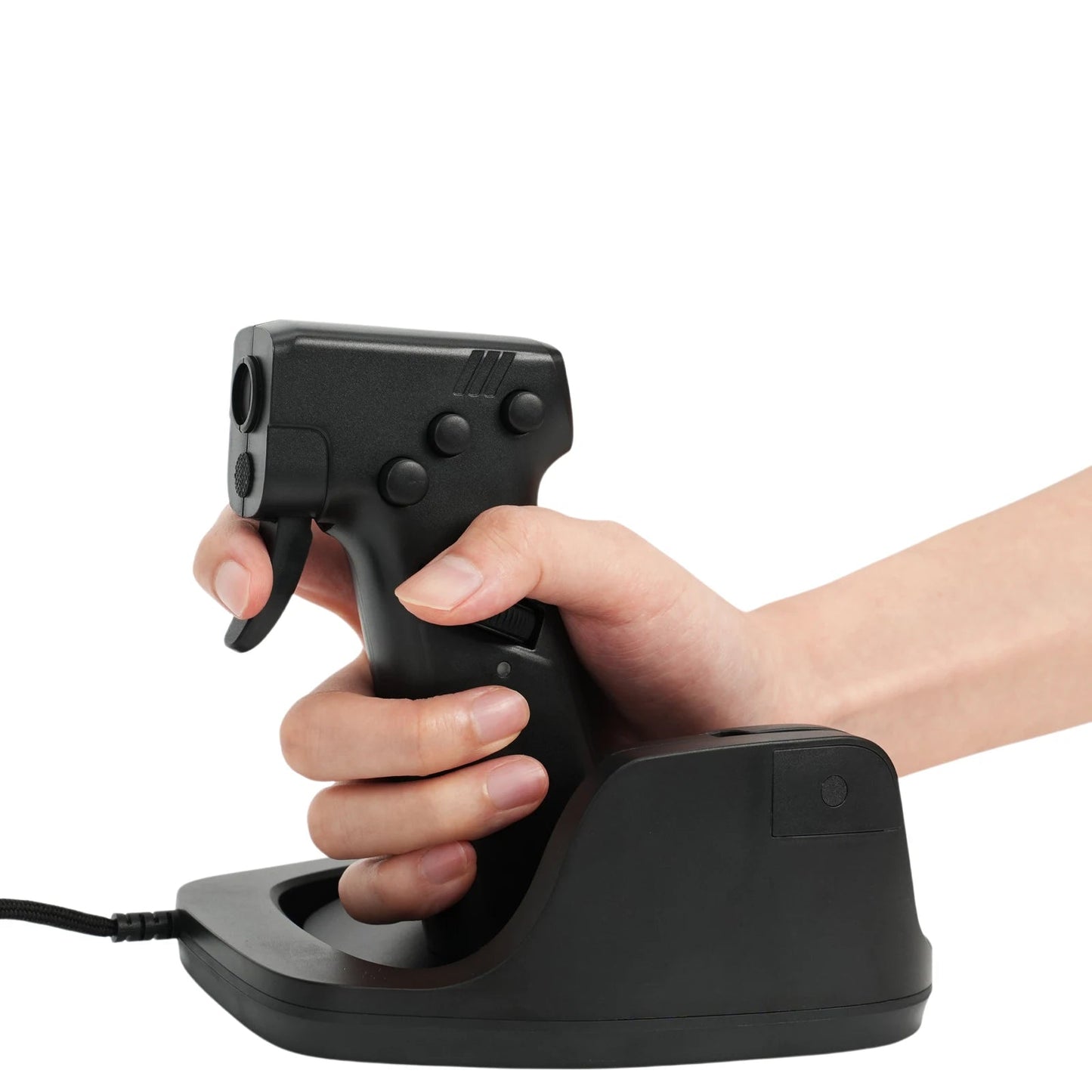 Hand holding a gun-shaped mouse with charging base on a white background, featuring 'Gun Mouse L25A' text.