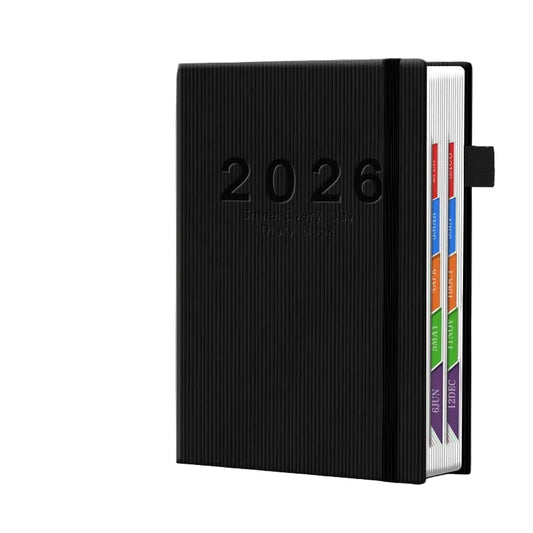 Black planner with '2026' embossed on the cover, featuring colorful tabs on a white background.