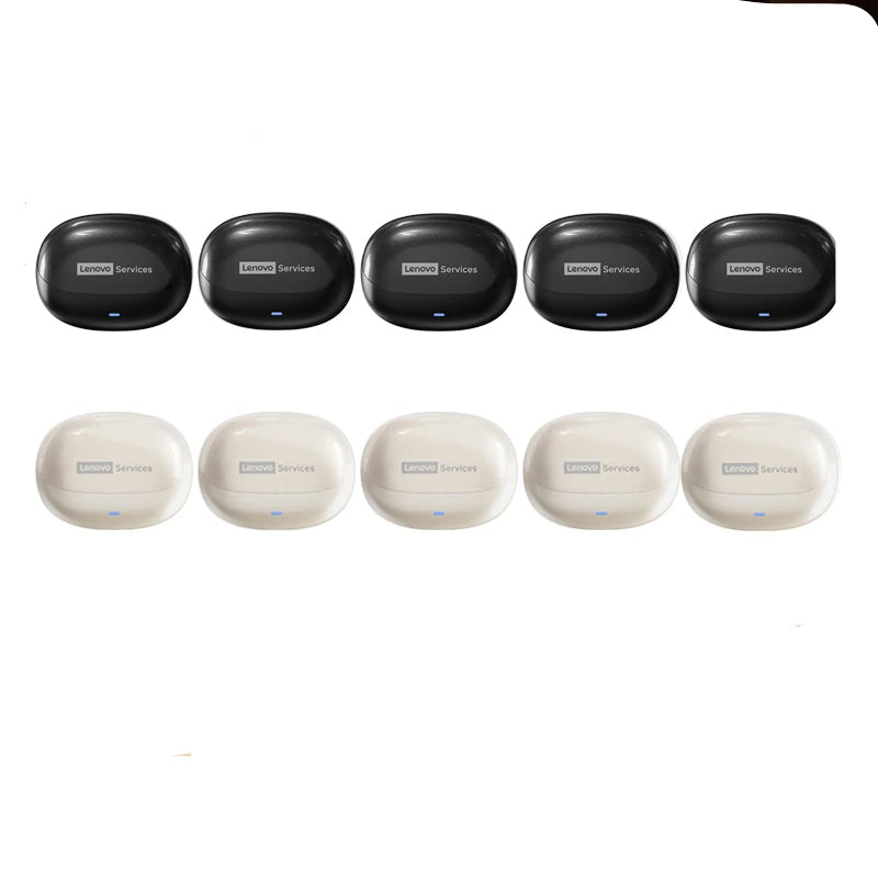 Lenovo wireless earbuds in black and beige colors with packaging details.