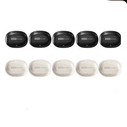 Lenovo wireless earbuds in black and beige colors with packaging details.