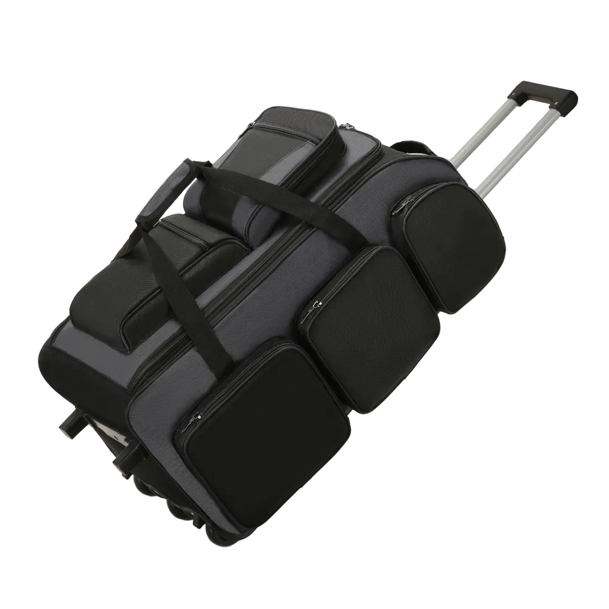 Black suitcase with wheels and handle on a white background