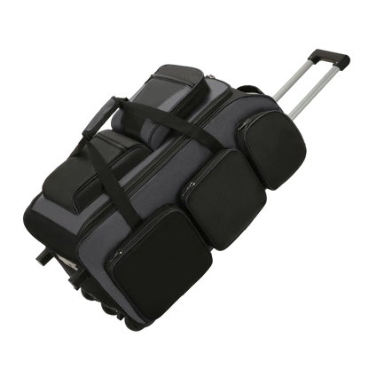 Black suitcase with wheels and handle on a white background