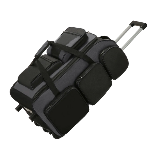 Black suitcase with wheels and handle on a white background