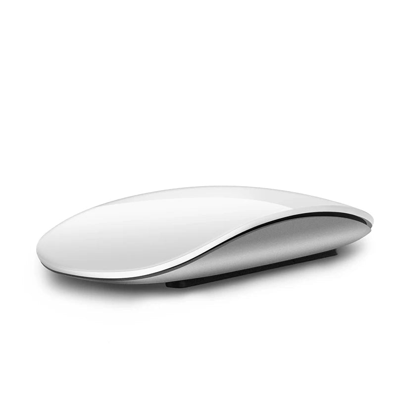 White touch mouse with Bluetooth and rechargeable icons on a white background