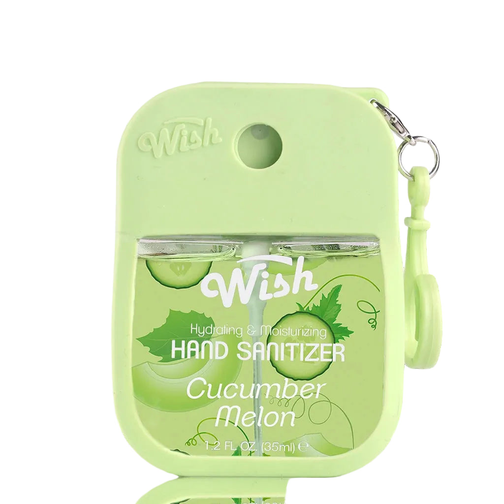 Green hand sanitizer with cucumber melon flavor on a light blue background