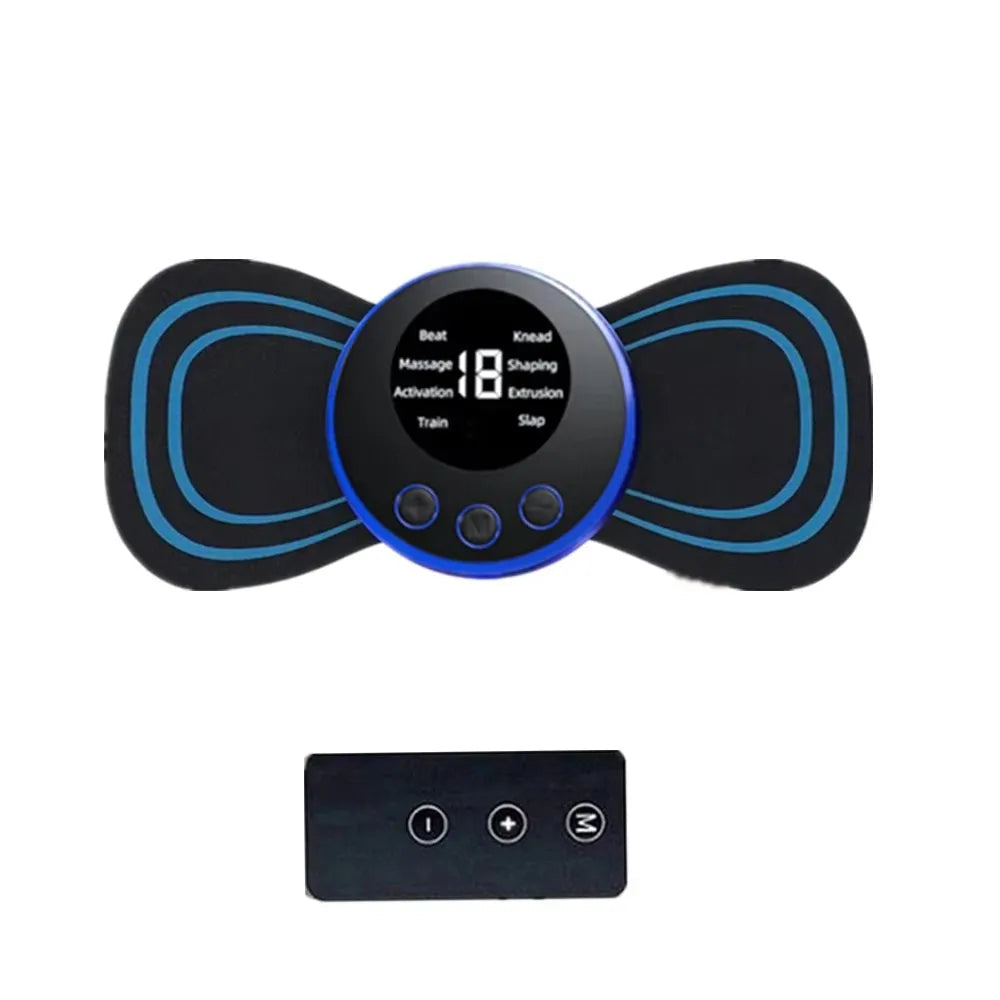 Electromagnetic muscle stimulator with digital display and remote control on a white background