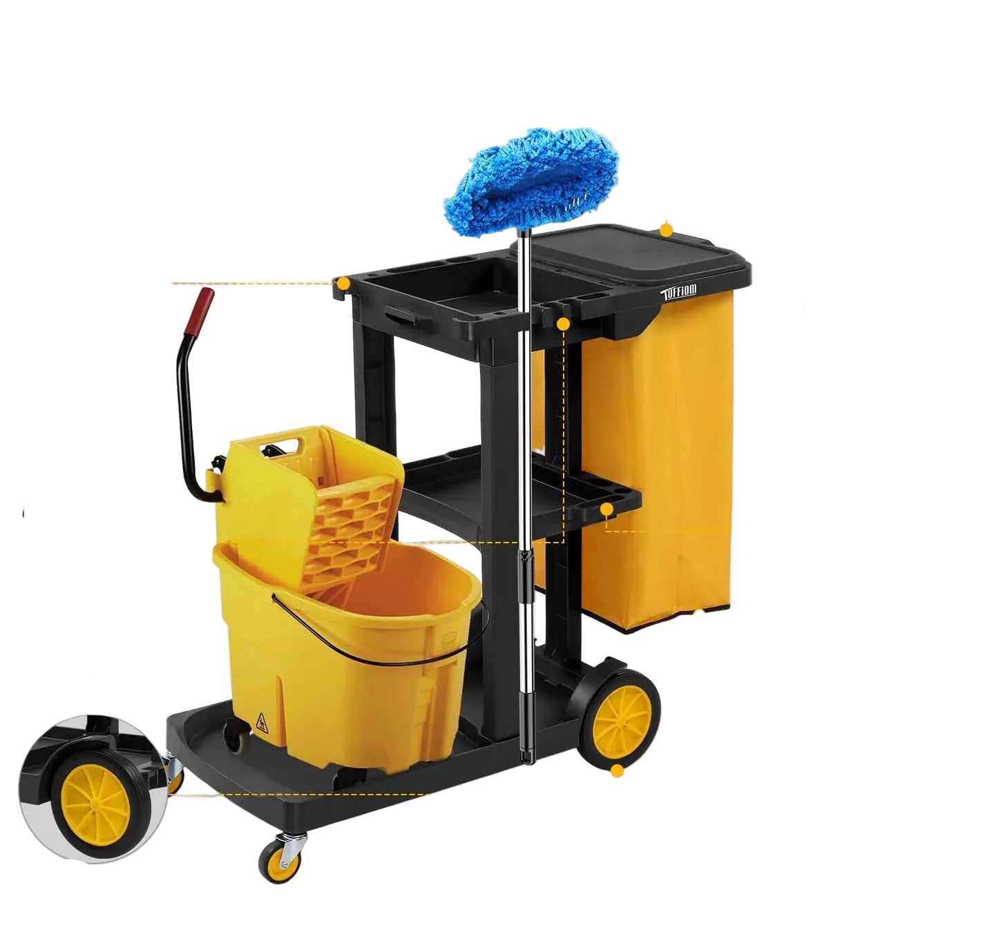 Multifunctional janitorial cart with features highlighted on a white background