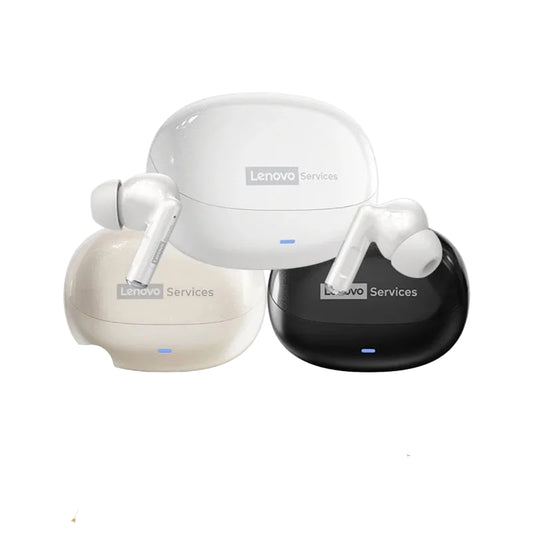 Lenovo wireless earbuds with charging case on a white background
