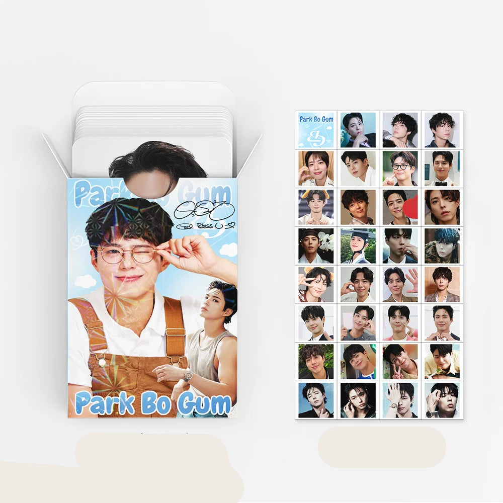 Packaging of Park Bo Gum's photo cards with a collage of his images on the right.