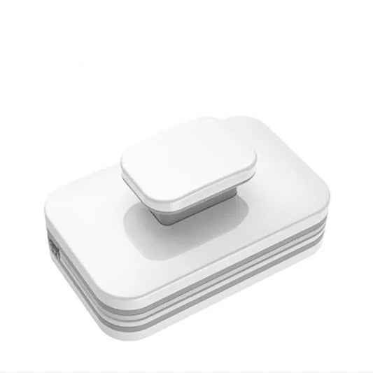 White phone stand with glass thickness compatibility information on a white background