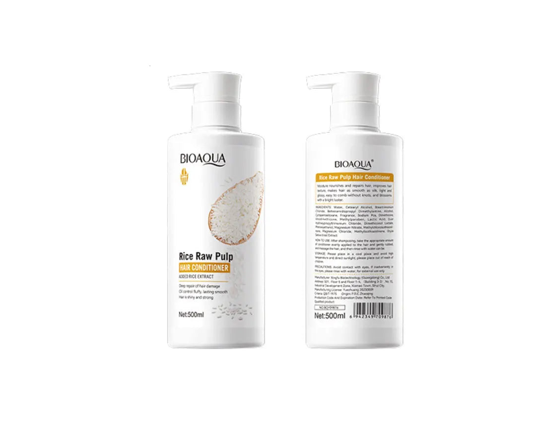 Two Bioaqua rice raw pulp hair conditioners on a white background with measurements.