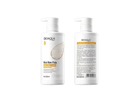 Two Bioaqua rice raw pulp hair conditioners on a white background with measurements.