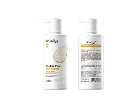 Two Bioaqua rice raw pulp hair conditioners on a white background with measurements.
