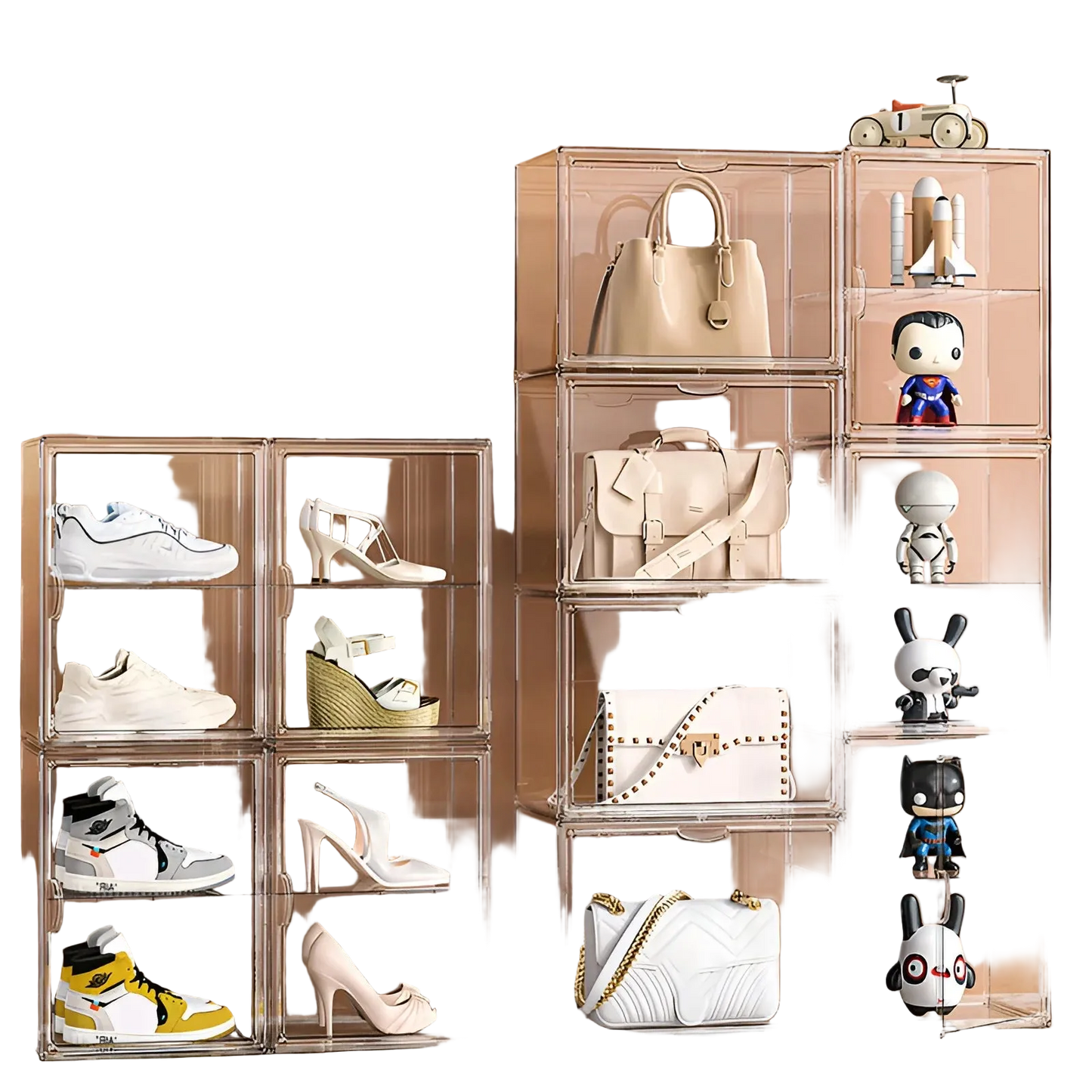 Clear storage cubes with shoes and handbags on a beige background