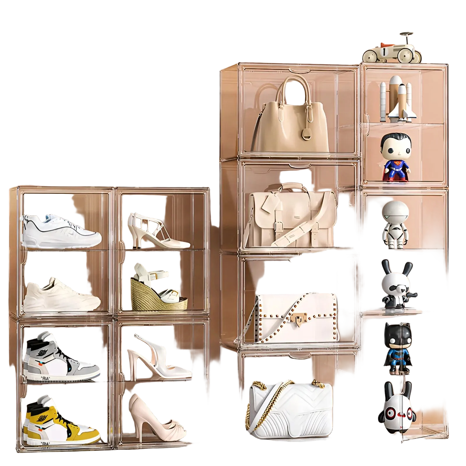 Clear storage cubes with shoes and handbags on a beige background