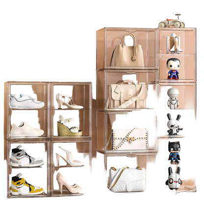 Clear storage cubes with shoes and handbags on a beige background