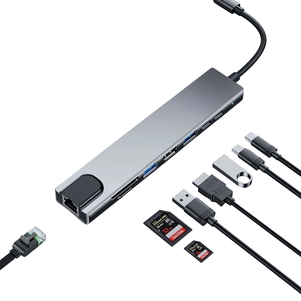 8-port USB hub with various cables and connectors on a light gray background