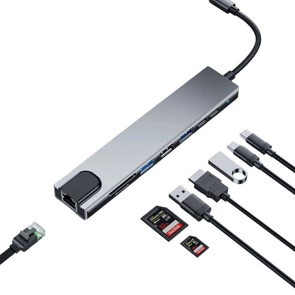 8-port USB hub with various cables and connectors on a light gray background