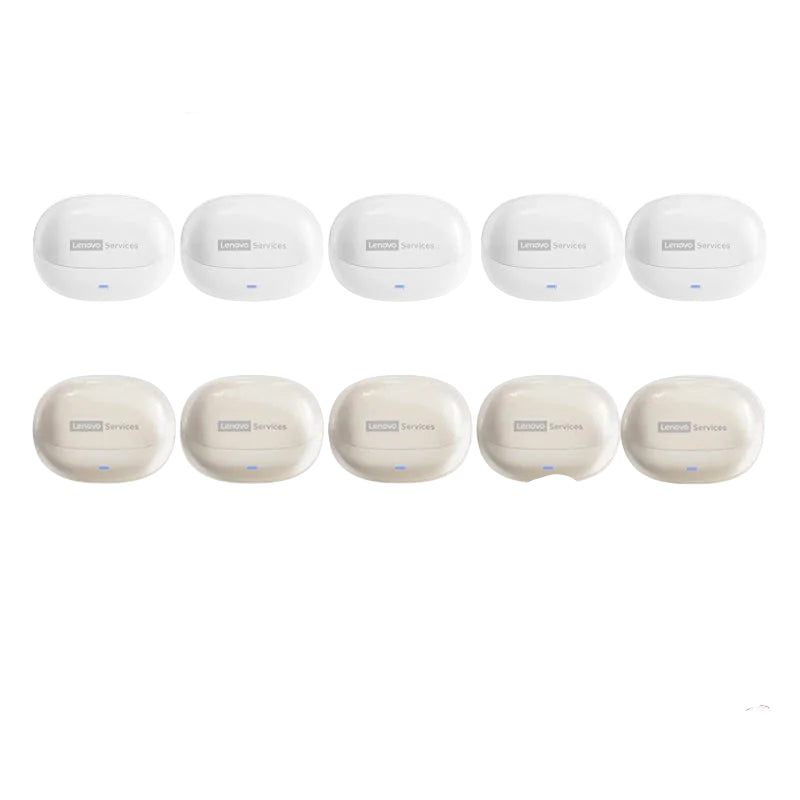 Lenovo wireless earbuds in white and beige packaging with multiple units displayed.