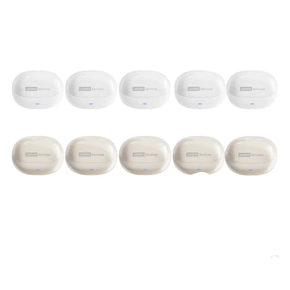 Lenovo wireless earbuds in white and beige packaging with multiple units displayed.